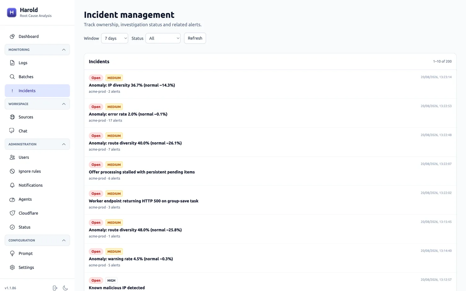 Harold incident management: open incidents, each with a status, a severity and the number of alerts it collapsed into one item.